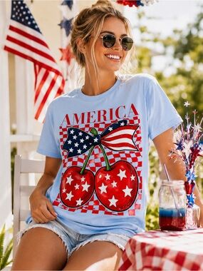 Gildan Heavy Cotton “America Cherry Bow” Graphic Tee – Patriotic Shirt